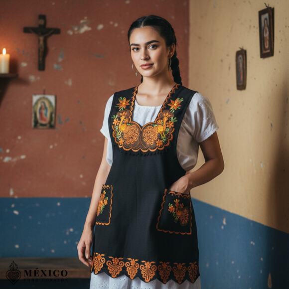 Brown Mexican Embroidered Apron – Standard Kitchen Apron Floral Embroidery - Picture 1 of 8